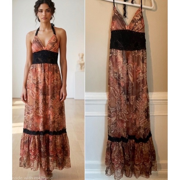 Sue Wong Dresses & Skirts - Sue Wong 100% Silk Romantic Whimsigoth Halter Maxi Dress Size 6 Lace Accents